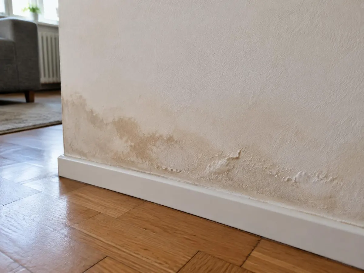 Helle Innenwand mit bräunlichem Feuchtefleck und leicht aufgewölbter Farbe oberhalb einer weißen Fußleiste