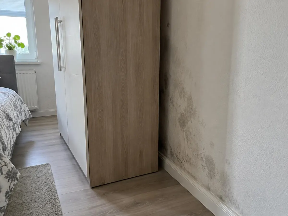Außenwand neben einem Kleiderschrank mit grauen, fleckigen Verfärbungen im unteren und mittleren Wandbereich